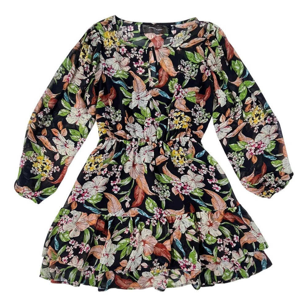 Code Mode Women Floral Mini Dress Black Tropical Long Sleeve Tiered Ruffle XS